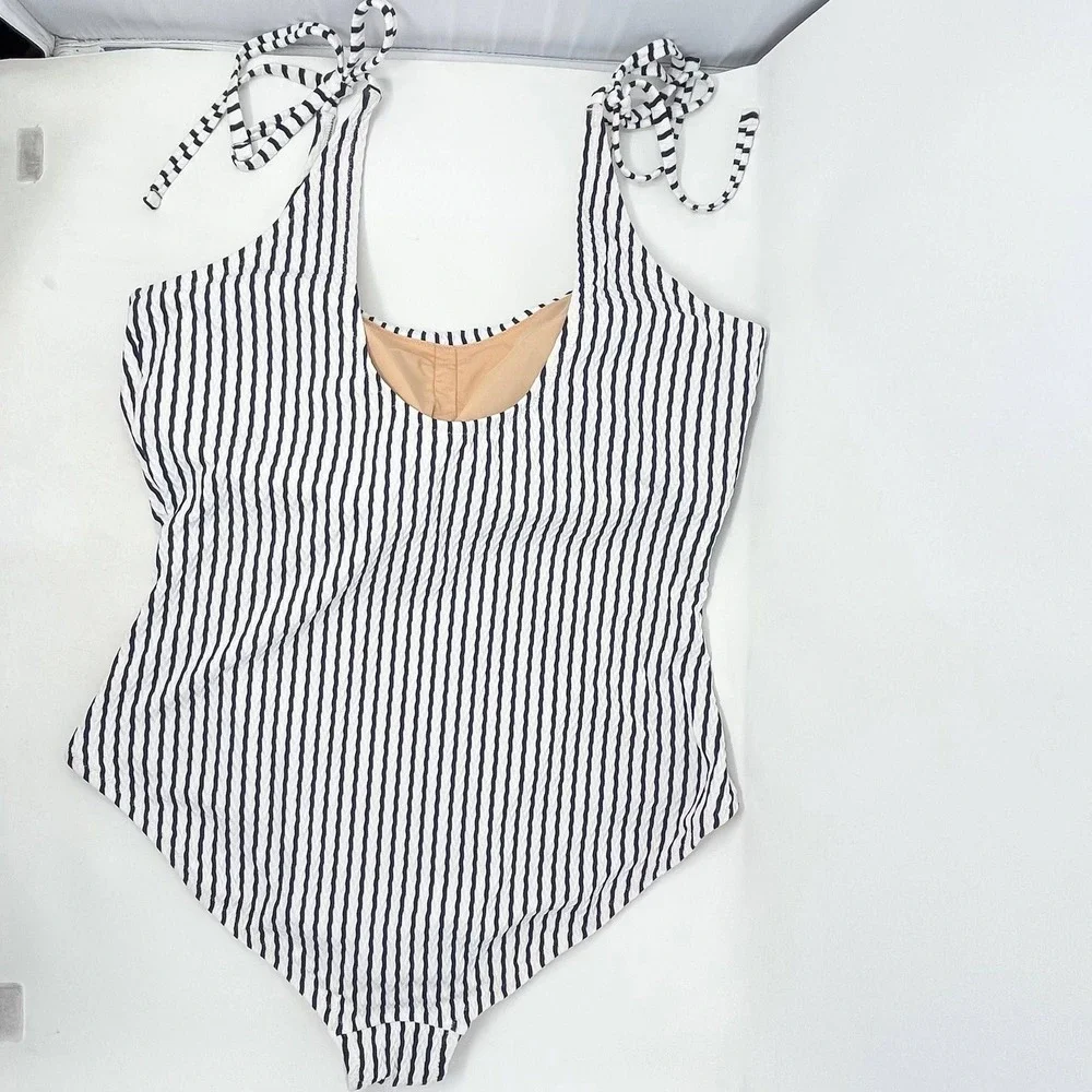 J Crew One Piece Swimsuit Wms XXL Navy Blue White Stripe Nautical Tie Shoulder